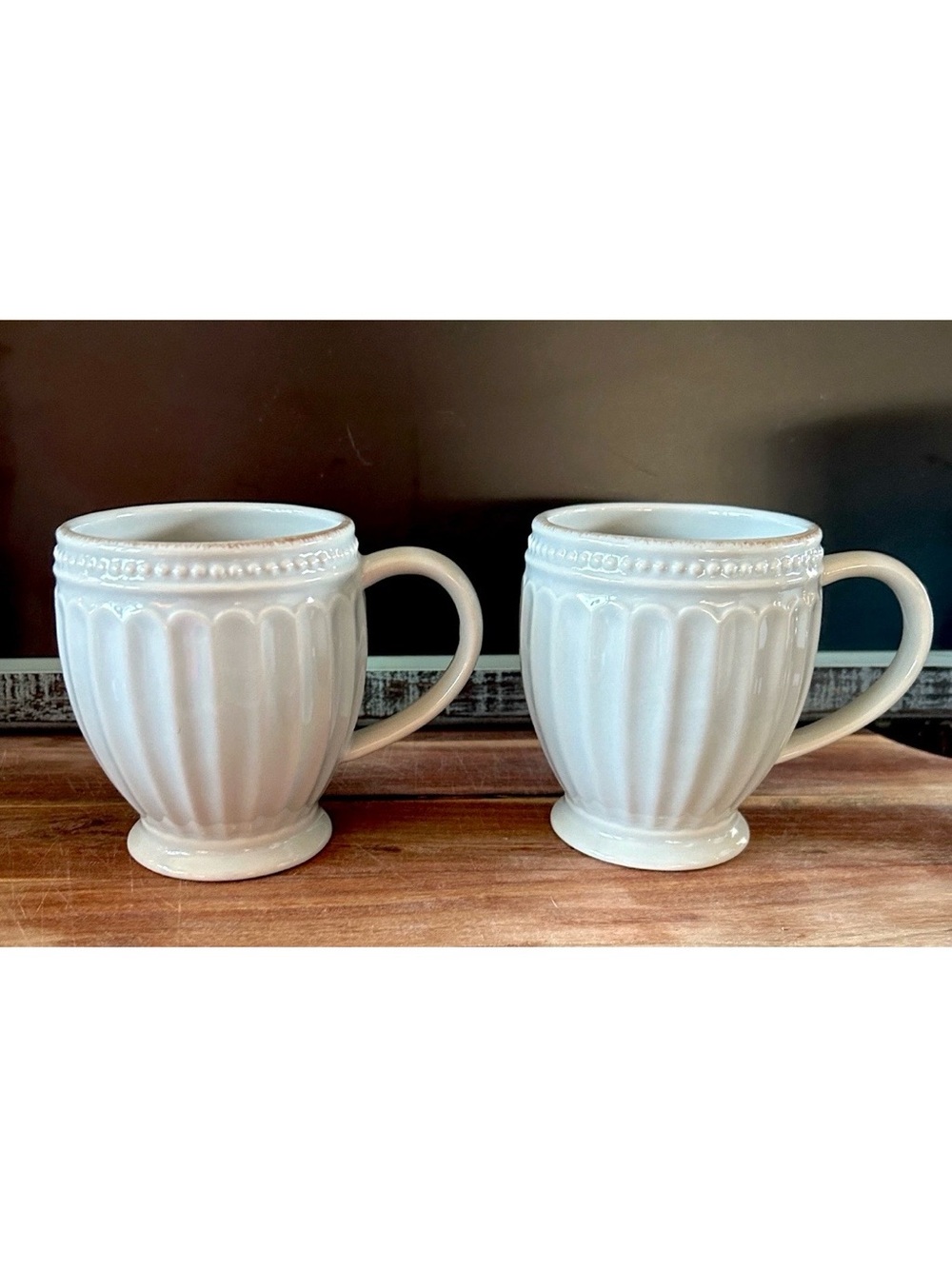Lenox French Perle Groove Soft Gray Coffee Tea Mugs 14 oz SET OF 2